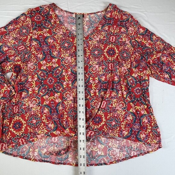 Torrid Womens Sz 3 3X Red Paisley Lenny Tie Front Bell Sleeve‎ V-Neck Boho Slub - Picture 6 of 15